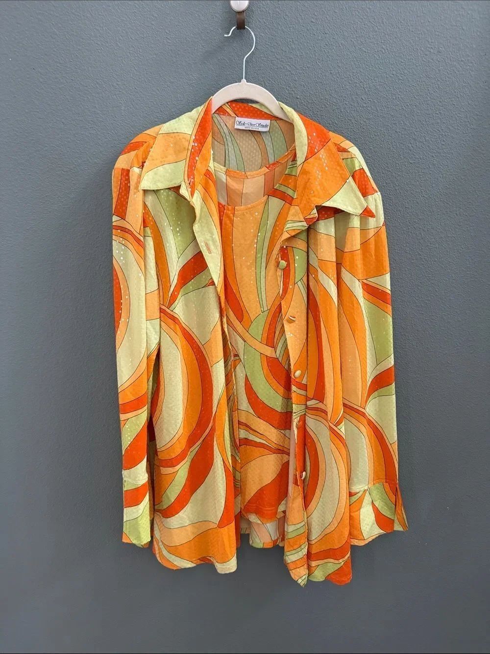 Vintage 70’s Sole Dior Studio 1X Swirl Print Button-Up Top Jacket Sparkle Sequin - Picture 1 of 15